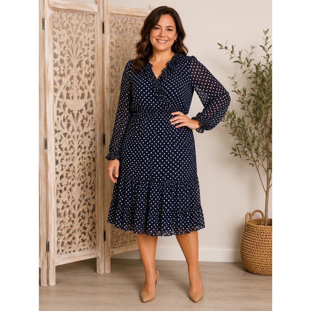 Emma & Michele Navy Polka Dot Ruffle V-Neck Smocked Midi Dress PXL Petite XL